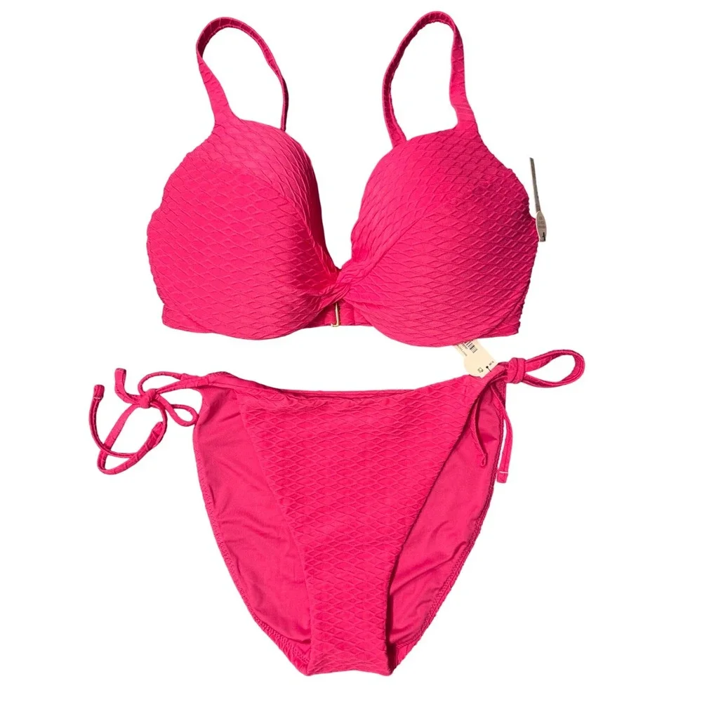 Victorias Secret Pink Textured Bikini Set 34DD Top Large Cheeky Bottom NWT